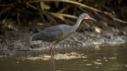 Fototapeta premium A Grey-Headed Swamphen Foraging in Shallow Water