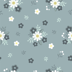 Hand drawn seamless pattern with white chamomile flowers in gray swamp shades. Lovely romantic Ditsy Fashion Print for background, holiday design, wallpaper, fabric