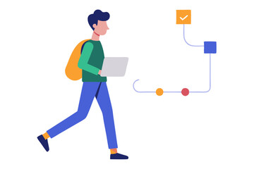 A man walking with a backpack, carrying a laptop and a project timeline in hand illustration on white background.