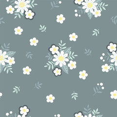 Hand drawn seamless pattern with white chamomile flowers in gray swamp shades. Lovely romantic Ditsy Fashion Print for background, holiday design, wallpaper, fabric