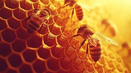 Bees working on a golden honeycomb, creating honey in warm light.