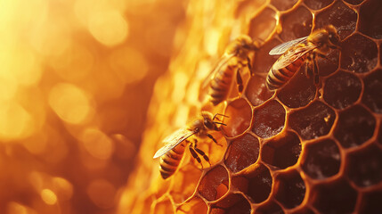 Bees working on a golden honeycomb, creating honey in warm light.