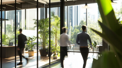 Fototapeta premium Blurred business professionals walking through a bright and modern office lobby.