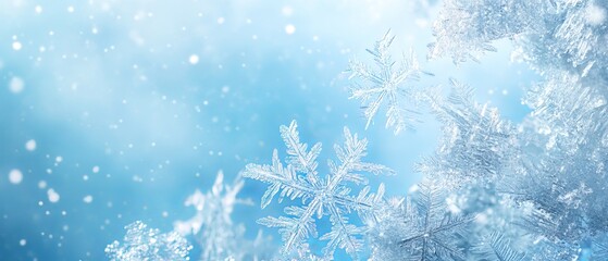Panoramic winter background with snowflakes and ice crystals isolated against a clear blue sky