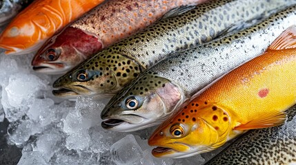 Fresh Raw Salmon and Trout on Ice