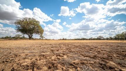 Obraz premium A barren field with no vegetation, cracked soil and dry conditions due to prolonged drought.