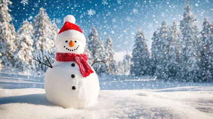 Fototapeta premium Cheerful snowman standing in a snowy Christmas landscape