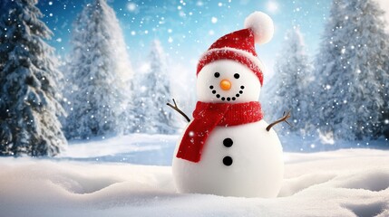 Cheerful snowman standing in a snowy Christmas landscape