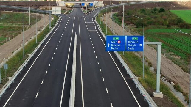 Moldova highway in Romania. A7 highway road from Buzau to Focsani cities. Aerial 4K video with this high speed road before inauguration. Transportation industry in Romania.