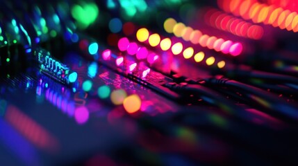 Close-Up of Colorful Lights and Cables on a Computer Motherboard