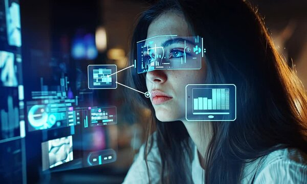 young woman in glasses touching face of virtual screen with media icons.