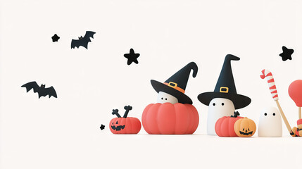 halloween pumpkins and wizard hats, ghostly figures, bats and black stars against plain background with copy space.