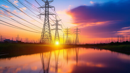 Fototapeta premium Sunset over power lines and towers reflected in a calm body of water.