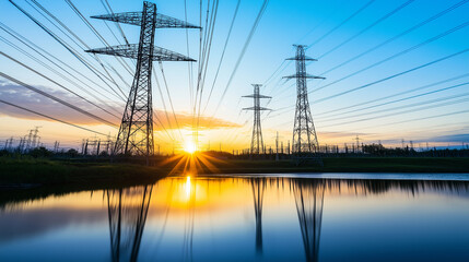 Sunset over power lines and towers reflected in a calm body of water.