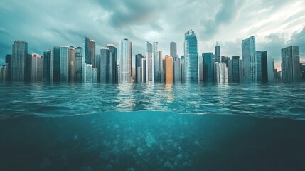 Fototapeta premium A city skyline partially submerged in rising ocean waters, showcasing the impact of climate change.