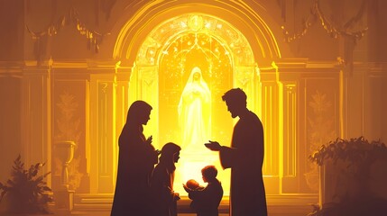 Silhouetted Couple Praying in Ornate Cathedral with Radiant Lighting Evoking Spirituality and Divine Connection