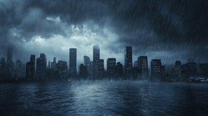 Fototapeta premium A city skyline shrouded in heavy rain and dark clouds as a hurricane approaches, creating an eerie atmosphere.