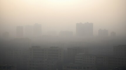 Fototapeta premium A city skyline shrouded in thick smog, the air visibly polluted from heavy emissions.