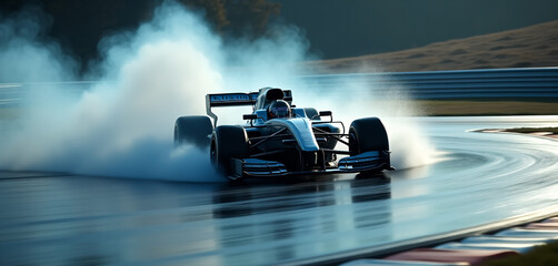 Formula 1 Car Drifting on Wet Track