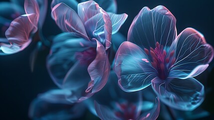 A futuristic image of transparent virtual plastic flowers with delicate petals, glowing softly in shades of blue and pink, set against a dark background. 8k UHD, suitable for high-quality printing 