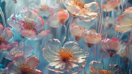 A surreal image of transparent plastic flowers floating in mid-air, with soft pastel lighting and intricate details that create a futuristic floral display. 8k UHD, suitable for high-quality 