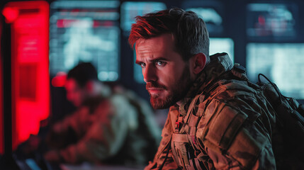 Fototapeta premium Soldier in full gear working at a computer in a dimly lit, red-illuminated room.