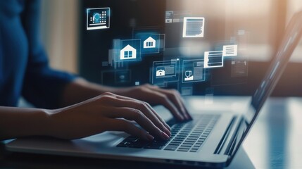 Obraz premium Woman using laptop with digital icons
