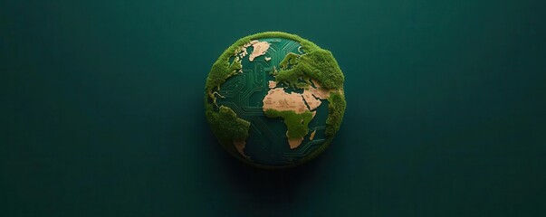 Fototapeta premium Circuit board pathways connecting continents with a global shield encircling the entire planet, global protection circuit board, shielded planet
