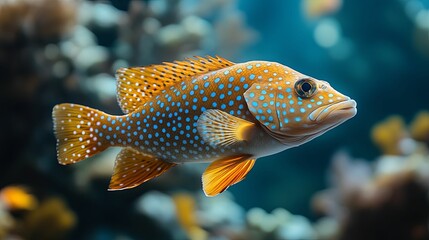 Close-up of a brightly colored spotted fish in an aquarium
