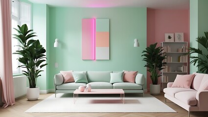 Fototapeta premium modern living room interior background. pillows, green plaid, lamp and fiddle leaf tree