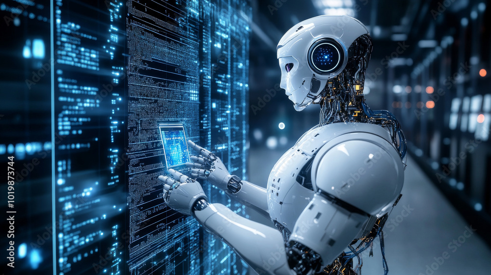 Poster a robot with artificial intelligence stands facing away from us, working with a 3d virtual screen. i
