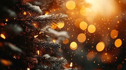 Christmas tree adorned with twinkling lights and snowflakes, surrounded by a dreamy bokeh effect. This enchanting scene evokes the warmth and joy of the holiday season
