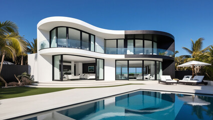 Fototapeta premium Modern Luxury Beach House with Contemporary Architecture, Glass Windows, and Tropical Surroundings