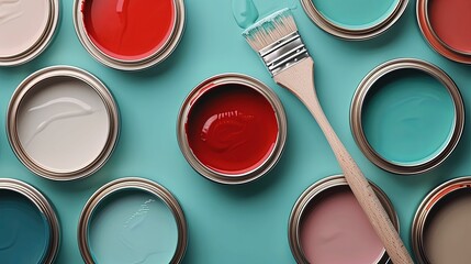 Paint Cans and Brush on a Teal Background