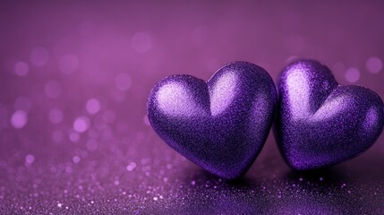 Fototapeta premium Glittery Purple Hearts on Sparkling Background
