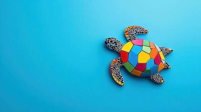 Paper mache turtle shell with mosaic patterns, intricate and colorful, 3D illustration
