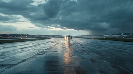 A flooded airport runway, with airplanes grounded due to the heavy rainfall from a hurricane.
