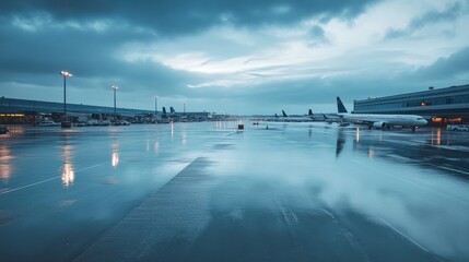 A flooded airport runway, with airplanes grounded due to the heavy rainfall from a hurricane.