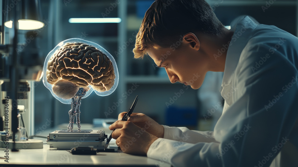 Poster a scientist is working on a robot, giving it a brain and programming it to think and act like a huma