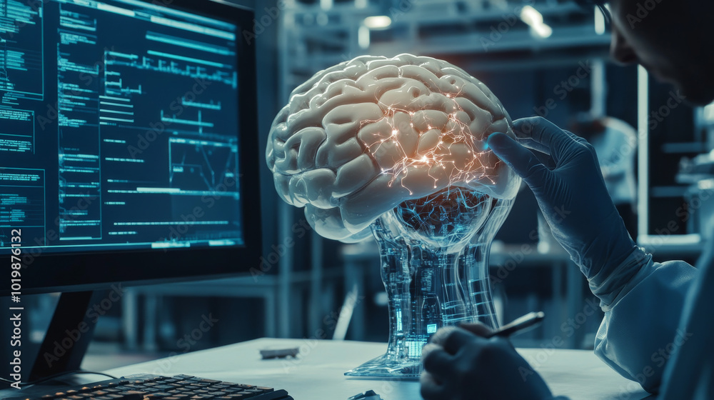Poster a scientist is working on a robot, giving it a brain and programming it to think and act like a huma