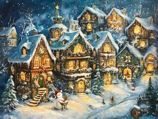 Obraz premium Cozy Winter Wonderland with Illuminated Cottages and Snowfall