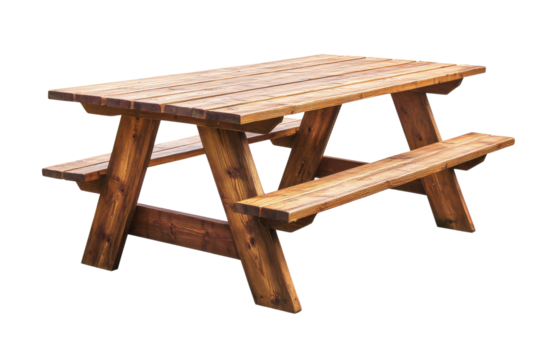 Wooden picnic table with benches, perfect for outdoor dining or gatherings, white isolated background.