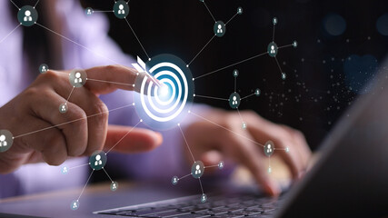 White dartboard and White arrow connection linkage with human icon for customer focus target group...