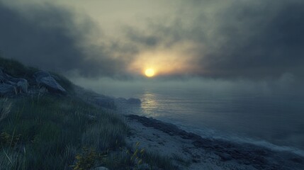 A foggy evening by the ocean, with mist hanging over the shore and the sun setting behind dark clouds.