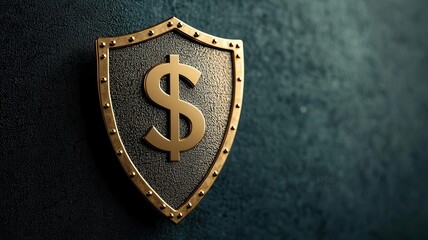 Bronze shield with riveted edges and a 3D dollar sign, symbolizing traditional financial strength, 3D illustration