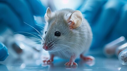 A White Laboratory Mouse with Blue Background