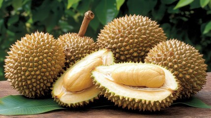 A group of durian fruits, some whole and some cut open, revealing the creamy white flesh inside.