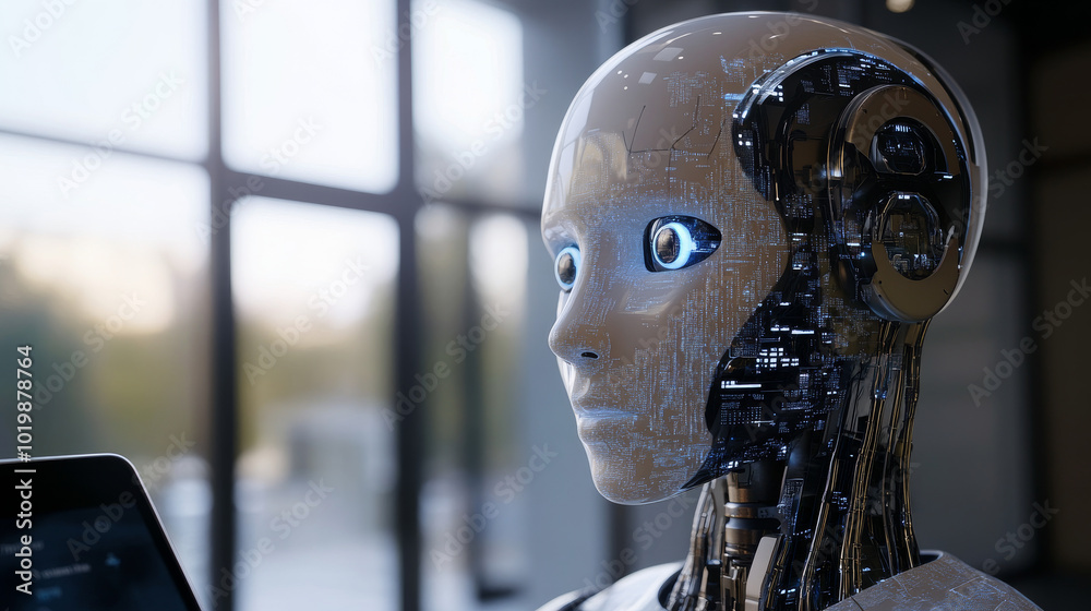 Poster an ai chatbot, represented by a robot head, appears on a phone screen. the chatbot interacts with a 