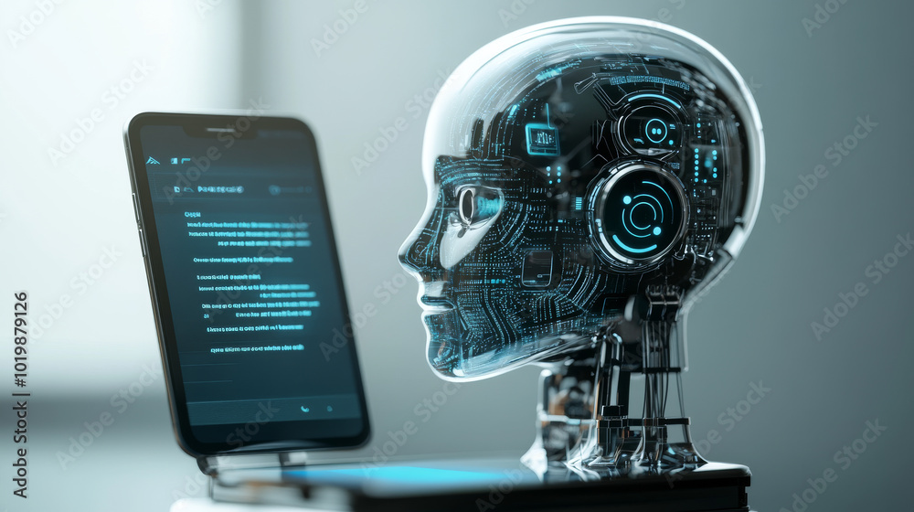 Poster an ai chatbot, represented by a robot head, appears on a phone screen. the chatbot interacts with a 