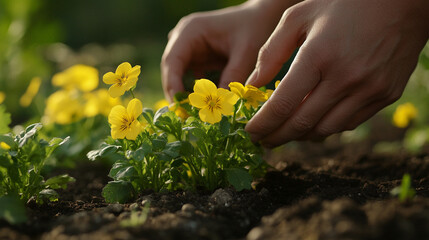 hands gently planting a vibrant yellow flower into the soil, symbolizing growth, renewal, and the nurturing spirit of nature. The soft earth cradles the delicate roots, promoting life